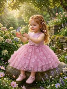 Baby Girls Sleeveless Solid Color 3D Flower Bow Mesh Princess Dress For Party And Outdoor, Headband Not Included - Dusty Pink - View 1