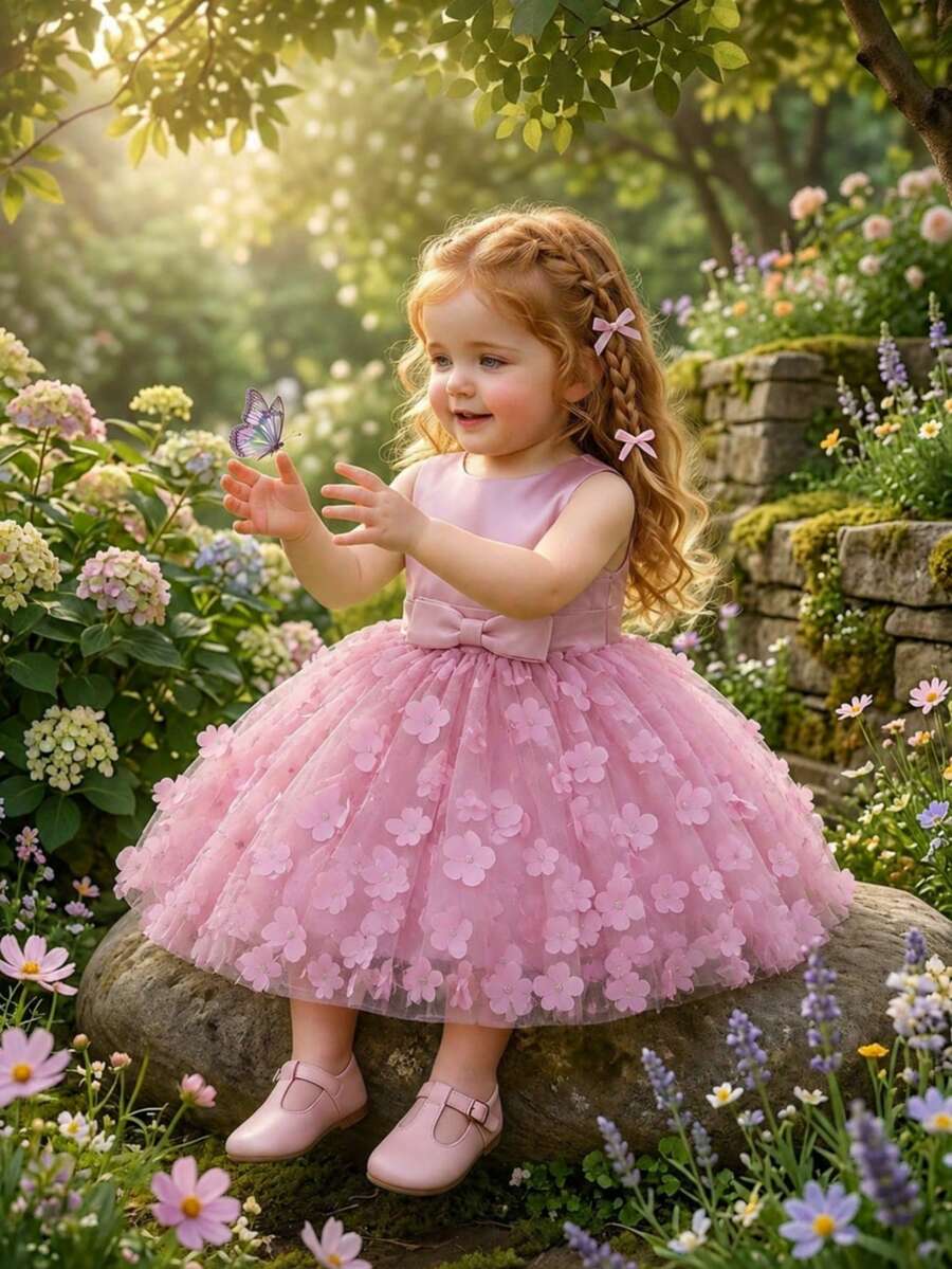 Baby Girls Sleeveless Solid Color 3D Flower Bow Mesh Princess Dress For Party And Outdoor, Headband Not Included - Dusty Pink - View 1