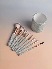 9pcs Rhinestone Makeup Brush Set, Includes Foundation, Contour, Eyeshadow, Brow Brushes And Storage Cup, Suitable For Travel, Date, Party, Photo, Daily Makeup, Full Rhinestone Handle With Soft Bristles, Portable Makeup Set, Shiny Makeup Essential - Multicolor - View 1