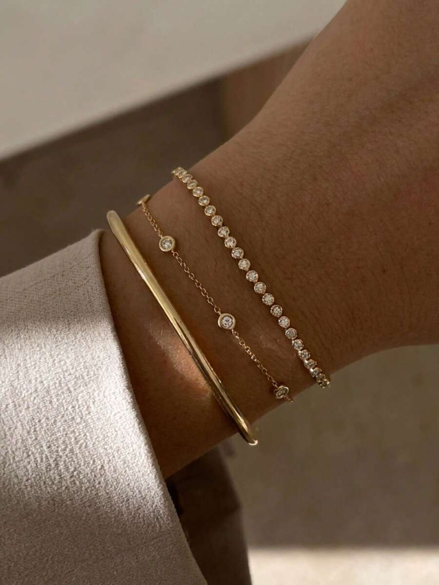 3Pcs Stackable Gold Bracelet Set, Copper‑Based Round Rhinestone Tennis Bracelet Smooth Open Bangle Dainty Layering Jewelry For Ladies Gift - Gold White - View 1