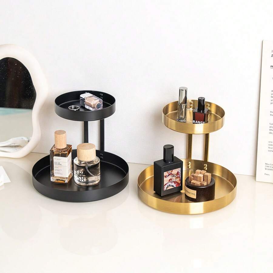2 Tier Round Gold Makeup Organizer Metal Vanity Tray Double Layer Storage Rack For Perfume Jewelry Cosmetic Bathroom Dresser Decor