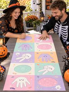 1pc Cute Halloween Polyester Hand And Foot Game Mat, Pastel Ghost, Black Cat, Pumpkin And Candy Print, Rock Paper Scissors Interactive Grid Floor Mat, For Halloween Party, Family Game, Classroom Activity And Indoor Decor - Multicolor - View 20