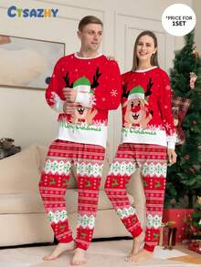 Ailiya 2pcs Men's Christmas New Pajama Set, Reindeer Print, Long Sleeve Crew Neck Top And Full Floral Pants, Comfortable Fit, Suitable For Autumn/Winter - Multicolor - View 1