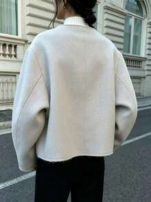 Women's Solid Beige Asymmetric Double-Breasted Collarless Dropped Shoulder Loose Casual Jacket Coat - Apricot - View 4