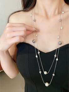 Kalung Geometris Berlapis-lapis Manik-Manik Mutiara Imitasi yang Modis, Rantai Sweater Kelas Atas, Aksesori Wanita Minimalis yang Elegan - kalung - View 5