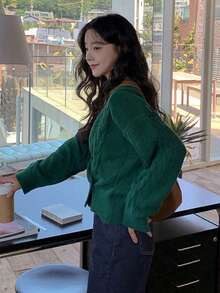 YCYC Autumn/Winter Casual Comfortable Solid Color Long Sleeve Button-Front Cardigan Sweater - Green - View 2