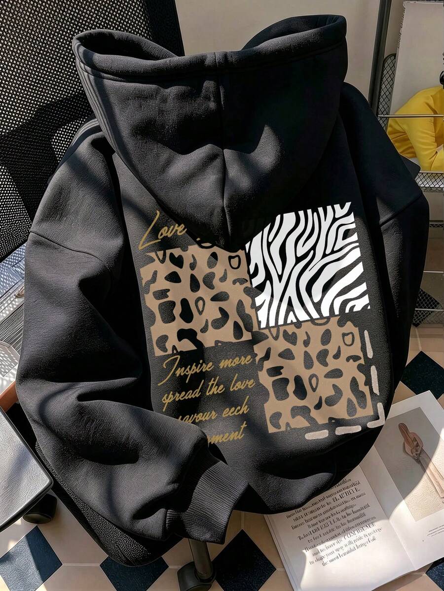 Women's Hooded Sweatshirt, Autumn/Winter New Letter Print, Drawstring Design, With Pockets, Casual Versatile Loose Top, Fashionable Daily Wear - Black - View 1
