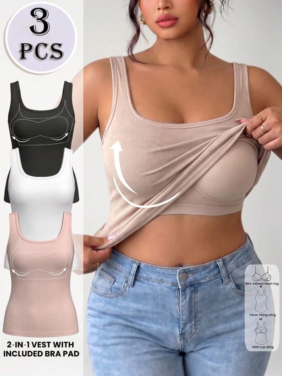 3pcs Women's Plus Size Ribbed Tank Tops, Built-In Wireless Padded Camisole, Everyday Basic Tops - Multicolor - View 1