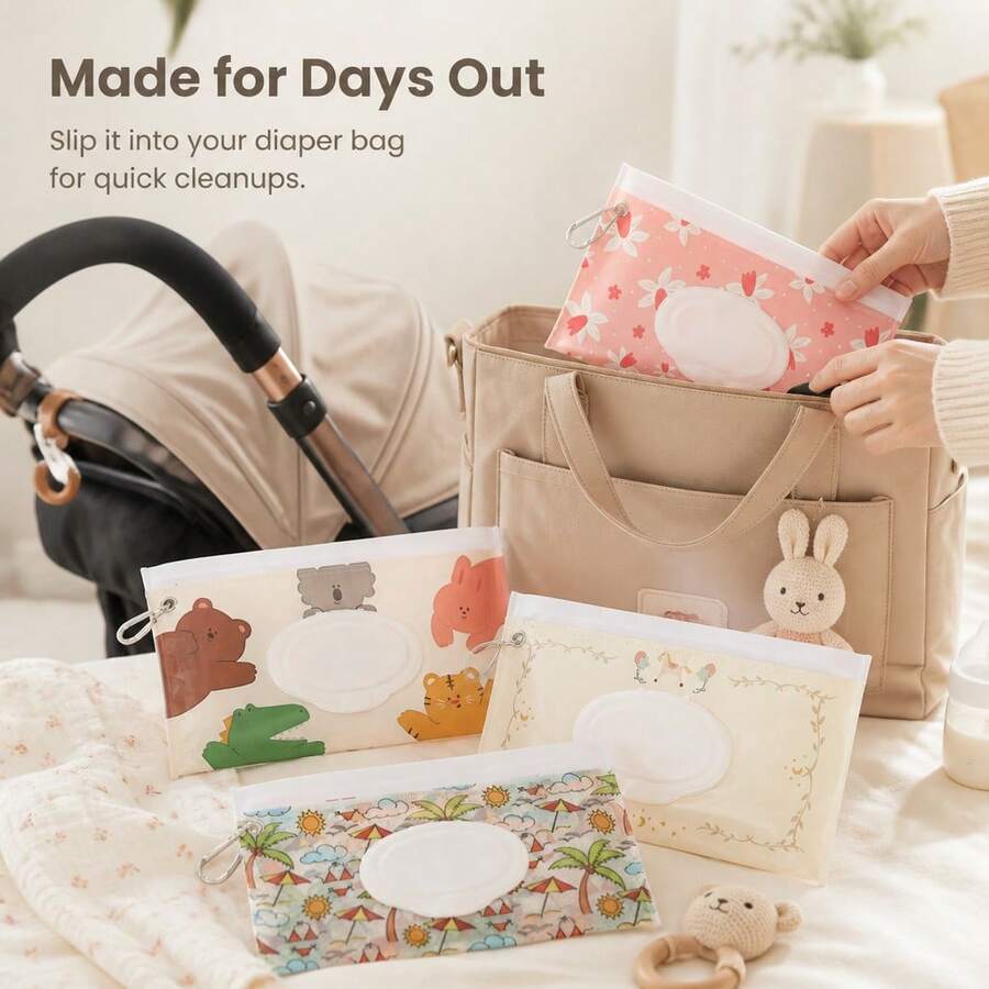 1pc Animal & Plant Cartoon Pattern Wet Wipe Storage Bag, Portable Hanging Dispenser Bag With Dust-Proof Sealed Carabiner Design, Can Be Hung On Stroller, Suitable For Home And Outdoor Use - Multicolor - View 1