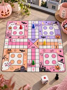 1件可愛粉色萬聖節方形聚酯纖維 Ludo 棋盤遊戲墊，幽靈、黑貓、南瓜、蝙蝠、糖果、星星與月亮印花，4人玩家 START/HOME 遊戲盤，含1袋遊戲配件，適用萬聖節派對、家庭遊戲與室內娛樂 - 多色2 - 查看 14