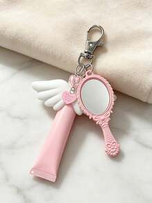 15ml Fashionable Slanted Lip Gloss Tube With Cute Pink Handheld Mirror Keychain, Angel Wing Shaped Lip Gloss Cap, Multi-Functional Fashion Bag Charm, Refillable Cosmetic Container, Squeeze Dispenser Bottle, Lip Gloss Keychain - Multicolor - View 6