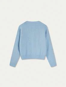 MORI Autumn/Winter Baby Blue Knit Cardigan Sweater, Girls' Solid Color Button Round Neck Pullover, Preppy Style Basic Outfit For Vacation And Outings - Blue - View 8