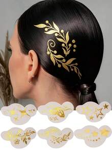 6 Sheets Gold Hair Tattoos Glitter Stickers Flash Tattoos With Star Flowers Butterfly Pattern Cute Sparkle Freckles Y2K Makeup For Rave Party Performance Music Festival Essentials - Gold - View 10
