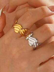 2pcs/Set Stainless Steel Fashion 18K Gold Plated Heart Rings, Suitable For Women's Daily Wear, Holiday, Valentine's Day - Multicolor - View 8