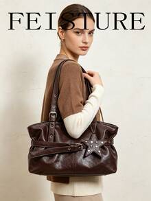 FEISTURE 1pc Solid Color PU Fabric Shoulder Bag With Strap Decoration, Fashionable Rivet Decor Underarm Bag, Suitable For Girls, Women, College Students, New Professionals And White-Collar Workers, Perfect For Work, Business, Commute, School - Coffee - View 11
