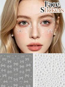 1pc Ethereal Bowknot + Pearl Facial Makeup Sticker, Delicate Design With Gentle Elegance, Apply Around Eyes And Cheeks, Effortlessly Captures Pure And Charming Vibe For Daily Dates Or Party Photos - Multicolor - View 1