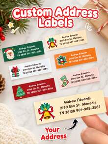 Stiker Label Alamat Natal Kustom Tahan Air, Label Pengiriman dan Pengembalian Self-Adhesive dengan Teks Kustom Personalisasi, Motif Kartun Natal Lucu untuk Amplop Hari Raya dan Kemasan Kotak Hadiah - Aneka warna 1 - View 1