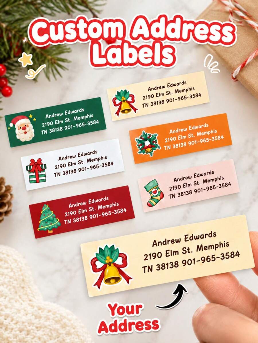 Stiker Label Alamat Natal Kustom Tahan Air, Label Pengiriman dan Pengembalian Self-Adhesive dengan Teks Kustom Personalisasi, Motif Kartun Natal Lucu untuk Amplop Hari Raya dan Kemasan Kotak Hadiah - Aneka warna 1 - View 1