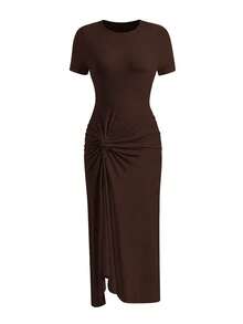 EARO Women's Fitted Long Dress, Short Sleeve With Slit Design, High Elastic Fabric, Creating Elegant Slim Fit Silhouette - Dark Brown - View 5