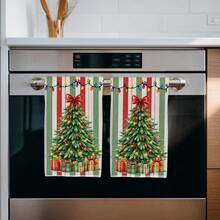 2PCS Kitchen Towels Striped Christmas Tree Print 40*60cm Simple Style Rectangular Microfiber Kitchen Towels, Dish Cloths, Tablecloths, Hand Towels, Christmas Kitchen Decor, Home Decor, Neighbor Housewarming Gift, Perfect For Kitchen And Bathroom Use, Suitable For Housewives And Family Gatherings, High Cost-Performance, Essential Home Product - Multicolor - View 6