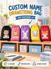 Bolsa con cordón personalizada con nombre de animal de zoológico de vida silvestre - Mochila de texto de zoológico personalizada, adecuada para picnics, bolsas de regalo únicas, se puede usar como regalos de fiesta de cumpleaños, regalos de baby shower y regalos de cumpleaños personalizados - Multicolor - Ver 2
