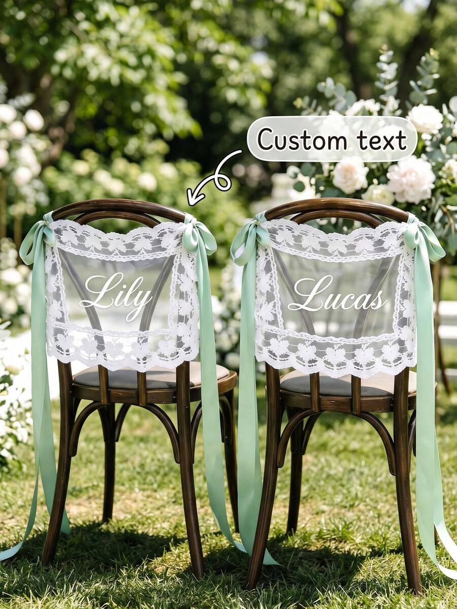1pc Custom Wedding Chair Back Decor, Custom Text, Elegant Ribbon Chair Sign For Bride Groom, Outdoor Wedding Ceremony Reception Party Decoration - Multicolor - View 1