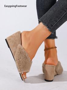 Women's Plush Wedge Heel Slide Sandals, Square Toe Open Toe Outdoor Mule Slippers - Khaki - View 6
