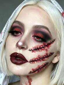 3pcs Halloween Red Scar Temporary Tattoo Stickers, Realistic Wound Effect, Stitch Scar, Zombie Makeup Accessories, Easy Temporary Tattoo (Halloween Party), Cosplay, Holiday Events - Red - View 4