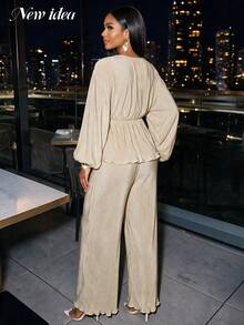 NEW IDEA Women's Elegant Apricot Fall Winter 2 Pieces Set, V Neck Peplum Top & Wide Leg Pants Set For Party, Night Out, Daily & Going Out - Apricot - View 2