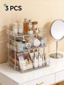 1pc 2-Layer/3-Layer Large Capacity Rectangular Desktop Tiered Storage Rack, Drawer-Style Multi-Function Plastic Organizer Box, Suitable For Cosmetics, Medicine, Spices, Bathroom, Bedroom, Kitchen Countertop Use - Transparent Storage Rack - View 4