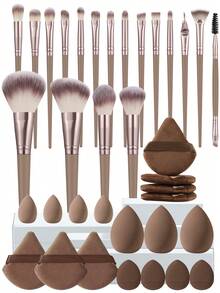 18/22/36Pcs Complete Cosmetic Tool Set,18Pcs Premium Synthetic Makeup Brushes,Assorted Makeup Sponges,Triangle Powder Puffs,Finger Applicator Puffs,Versatile Makeup Tools,Perfect For Blending Liquid, Cream & Powder For Daily Makeup Use - Brown - View 15