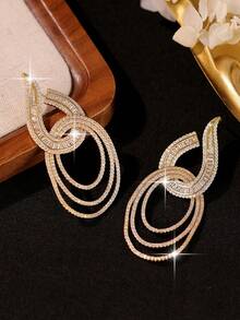 1 Pair Charming Curved Baguette & Multi-Layer Oval Ring Cubic Zirconia Bridal Long Drop Earrings, Suitable For Wedding Ceremony, Banquet, Ball And Gift Giving - Gold - View 9