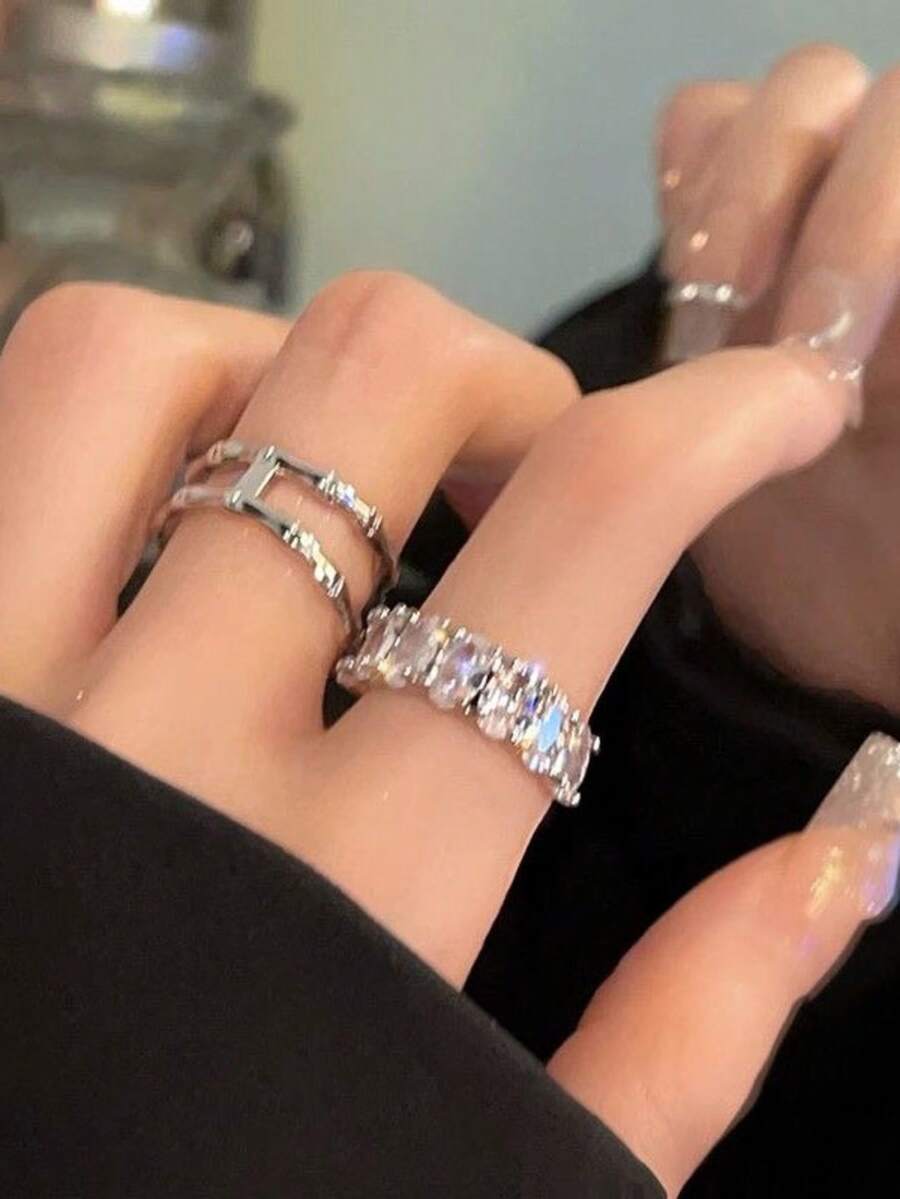 2pcs Copper Vintage Fashion Bamboo Joint Geometric Double Layer Open Ring Set, Unique Niche Design, High-End Minimalist Versatile Finger Rings For Women, Suitable For Daily And Holiday Wear - Silver - View 1