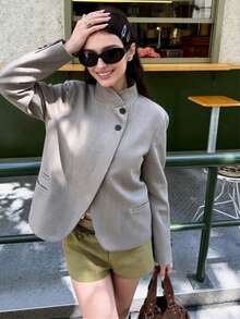 FGGG Fashion Musim Semi/Musim Gugur Wanita Blazer Minimalis Serbaguna Gaya Vintage Longgar Warna Abu-abu Muda Kerah Tinggi - Khaki - View 3