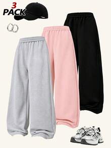 3pcs/Set Girls Wide Leg Sports Pants, Elastic High Waist Straight Leg Soft Knit Pants, Suitable For Teenage Girls, Spring/Autumn/Winter - Multicolor - View 1