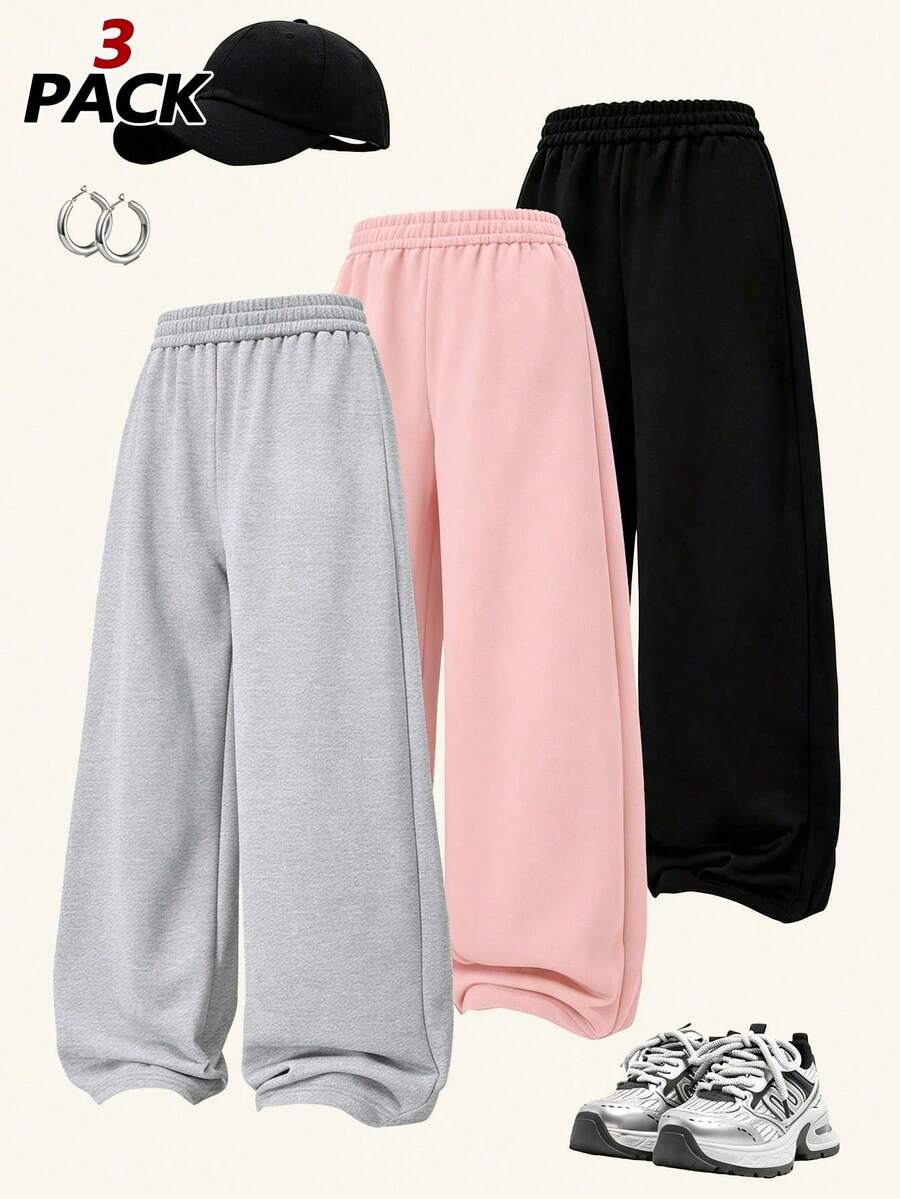 3pcs/Set Girls Wide Leg Sports Pants, Elastic High Waist Straight Leg Soft Knit Pants, Suitable For Teenage Girls, Spring/Autumn/Winter - Multicolor - View 1