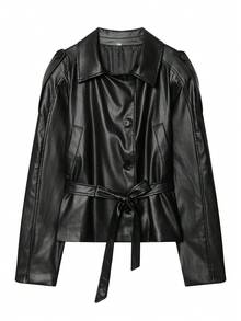Women's Elegant Black Button Front Long Sleeve Jacket With Bow Belt, Business Casual Blazer, Suitable For Work, Commute And Date Fall - Black - View 5