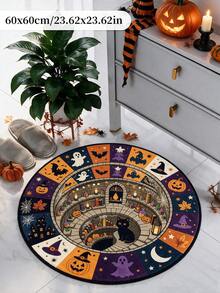 1pc Halloween Pumpkin Cat Pattern Round Rug, Halloween Carpet, Faux Cashmere Rug, Bathroom Mat, Bedroom Decor, Home Decor, Halloween Gift - Black - View 2