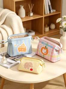 1pcCasual Style PU Fabric Curved Cosmetic Bag, Striped & Plaid Print With Fruit & Animal Graphic, Zipper Pouch With Hand Strap, Storage Pouch For Makeup, Skincare And Small Items, Travel Cosmetic Case, Suitable For Daily Use, Trip, All Season Use - Multicolor - View 9