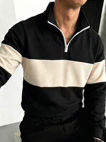 Men's Autumn/Winter Fashion Classic Patchwork Zip-Up Sweatshirt, Outdoor Casual Everyday Wear - Black - View 6
