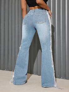 HAPPY GIRL#Plus Size Women's Spring Autumn Winter Versatile Fashion Washed Denim Jeans With Side Tassel Design For Holiday Daily Date - Blue - View 3