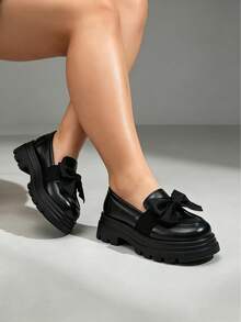 Women's Wide Fit Loafers Thick Platform Sole Bow Knot Slip-On Versatile Plus Size Shoes - Black Butterfly Flower - View 6