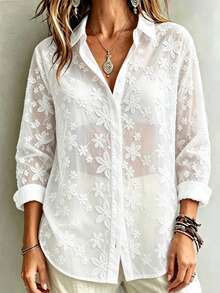 Women's White Embroidered Floral Button Shirt Collar Top, Hollow Out Regular Fit Autumn Blouse - White - View 2