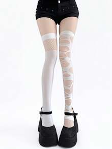 1 Pair Gothic Style Tight Socks - Women's Black Ripped Gothic Over-The-Knee Socks, Suitable For Holidays And Daily Wear - Multicolor - View 6