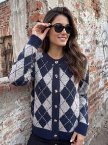 Senya 2026 Women's Diamond Pattern Knit Cardigan, Navy Grey Button Front Sweater, Soft Round Neck Long Sleeve Top, Preppy Old Money Style Autumn/Winter - Grey - View 2