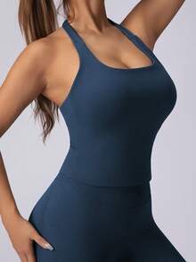 Atasan Fitness Wanita Tanpa Jahitan dengan Tali Bahu Panjang, Bra Terintegrasi dengan Bantalan yang Dapat Dilepas, Atasan Tank Top Yoga Olahraga Musim Panas - Navy Blue - View 12