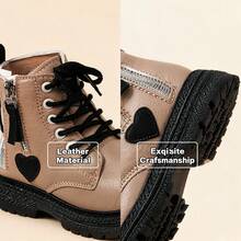 Sepatu bot pendek motif hati untuk anak perempuan yang imut, detail warna pink manis, resleting samping, tali pengikat, sol tebal anti selip, cocok untuk musim gugur/musim dingin. - Khaki - View 8