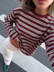SDNGED Women's Casual Top, Striped Color Block Ribbed Fabric, Everyday Wear Spring/Autumn, Effortless Style - Redwood - View 9