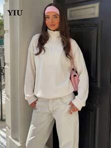 YIU Women's White Knit Quarter-Zip Pullover, Regular Long Sleeve, Casual Fashion Design - White - View 2