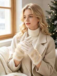 1 Pair Gloves, Elegant Classic Style Full Finger Shape, Tiered Fluffy Trim Touchscreen Compatible Hand Warm Cover, For Outdoor Commuting Evening Events Autumn Winter - Multicolor - View 6